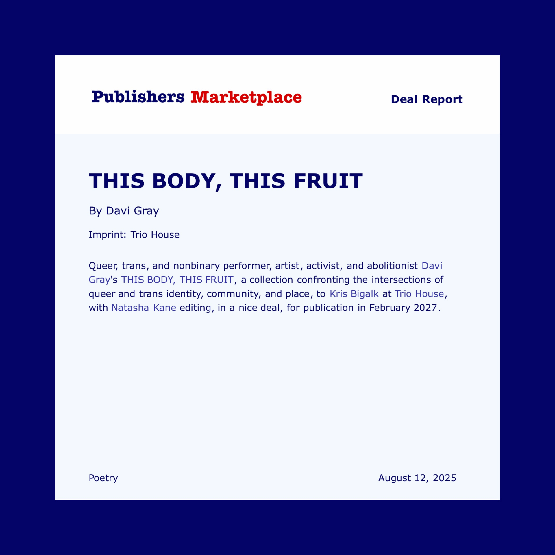 Publishers marketplace deal report tbtf davi gray